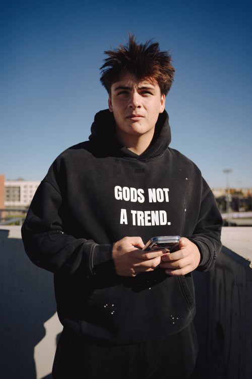 Gods Not A Trend Unisex Vintage Acid Washed Hoodie.